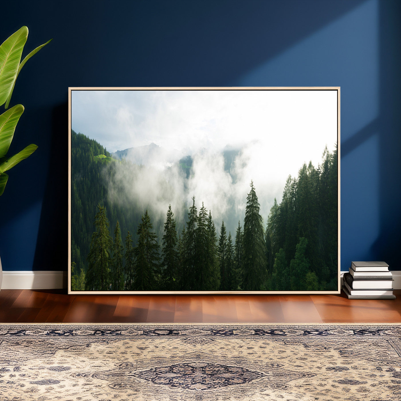 67174129-MGV-CV-36X24 - Misty Mountain Forest Canvas Print, Foggy Pine Trees Nature Wall Art, Framed Canvas Ready to Hang