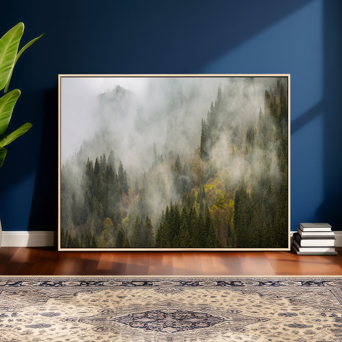 31152954-MGV-CV-36X24 - Misty Mountain Forest Canvas Print, Foggy Pine Trees Nature Wall Art, Framed Canvas Ready to Hang