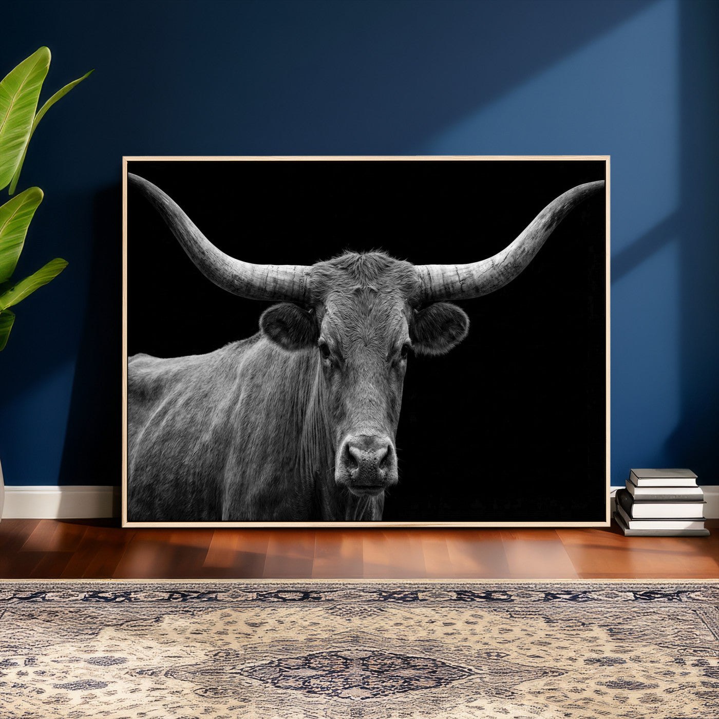 32601430-MGV-CV-36X24 - Texas Longhorn Bull Wall Art Canvas Print, Cow Portrait Photography, Framed Wall Art Ready to Hang