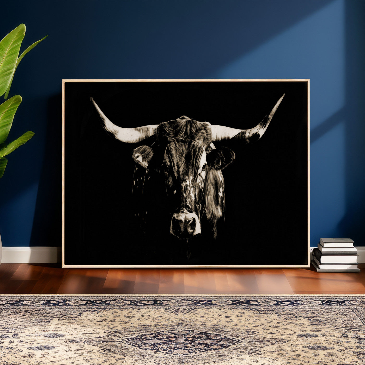 75774468-MGV-CV-36X24 - Black Bull Wall Art Canvas Print, Dark Longhorn Portrait Photography, Framed Wall Art Ready to Hang