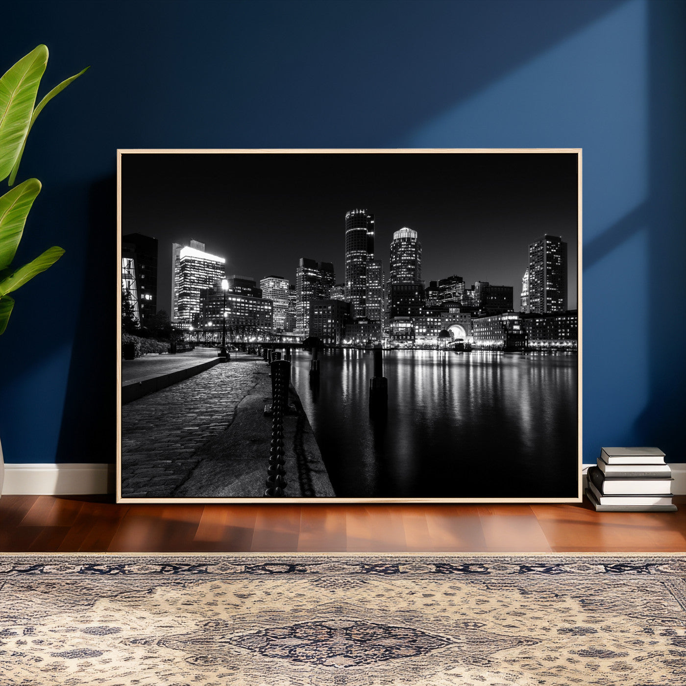 53082656-MGV-CV-36X24 - Boston Wall Art Canvas Print, Boston City Downtown Night Cityscape Print for Modern Urban Wall Decor