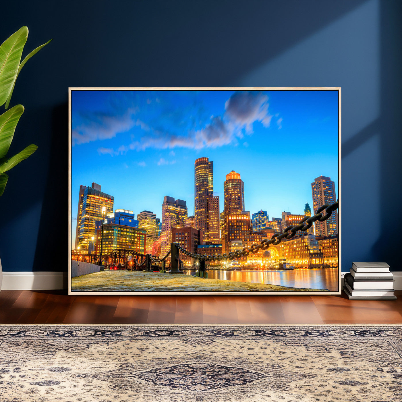 46736409-MGV-CV-36X24 - Boston Wall Art Canvas Print, Boston City Downtown Night Cityscape Print for Modern Urban Wall Decor