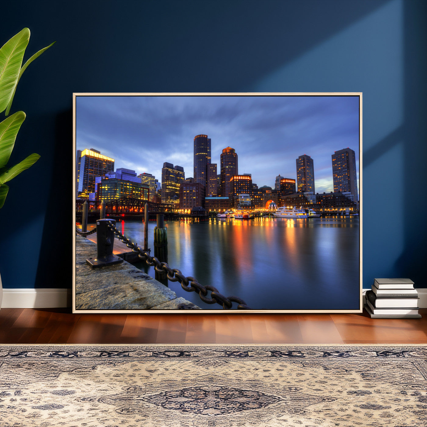 82439622-MGV-CV-36X24 - Boston Wall Art Canvas Print, Boston City Downtown Night Cityscape Print for Modern Urban Wall Decor