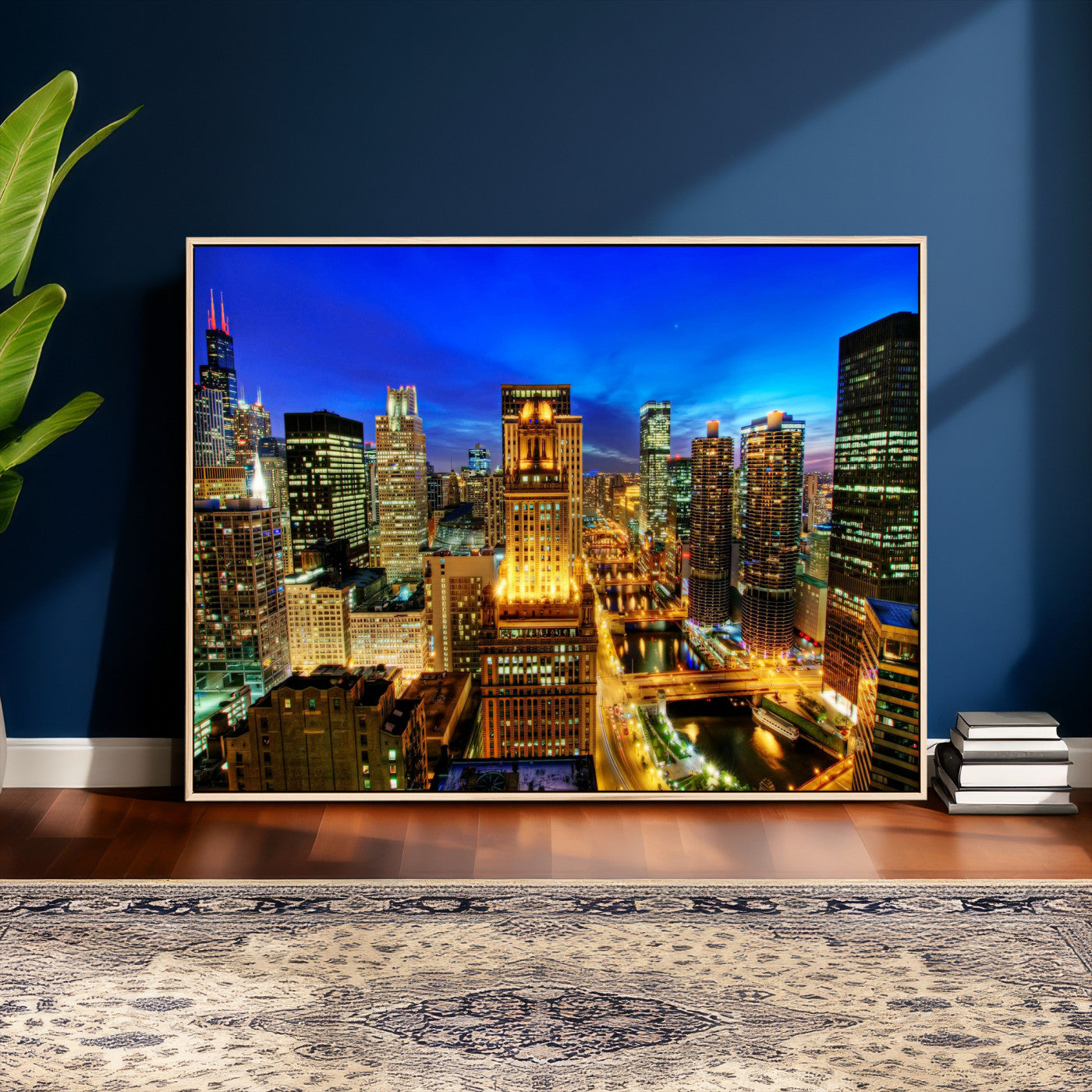 46298885-MGV-CV-36X24 - Chicago Wall Art Canvas Print, Chicago City Downtown Night Cityscape Print for Modern Urban Wall Decor