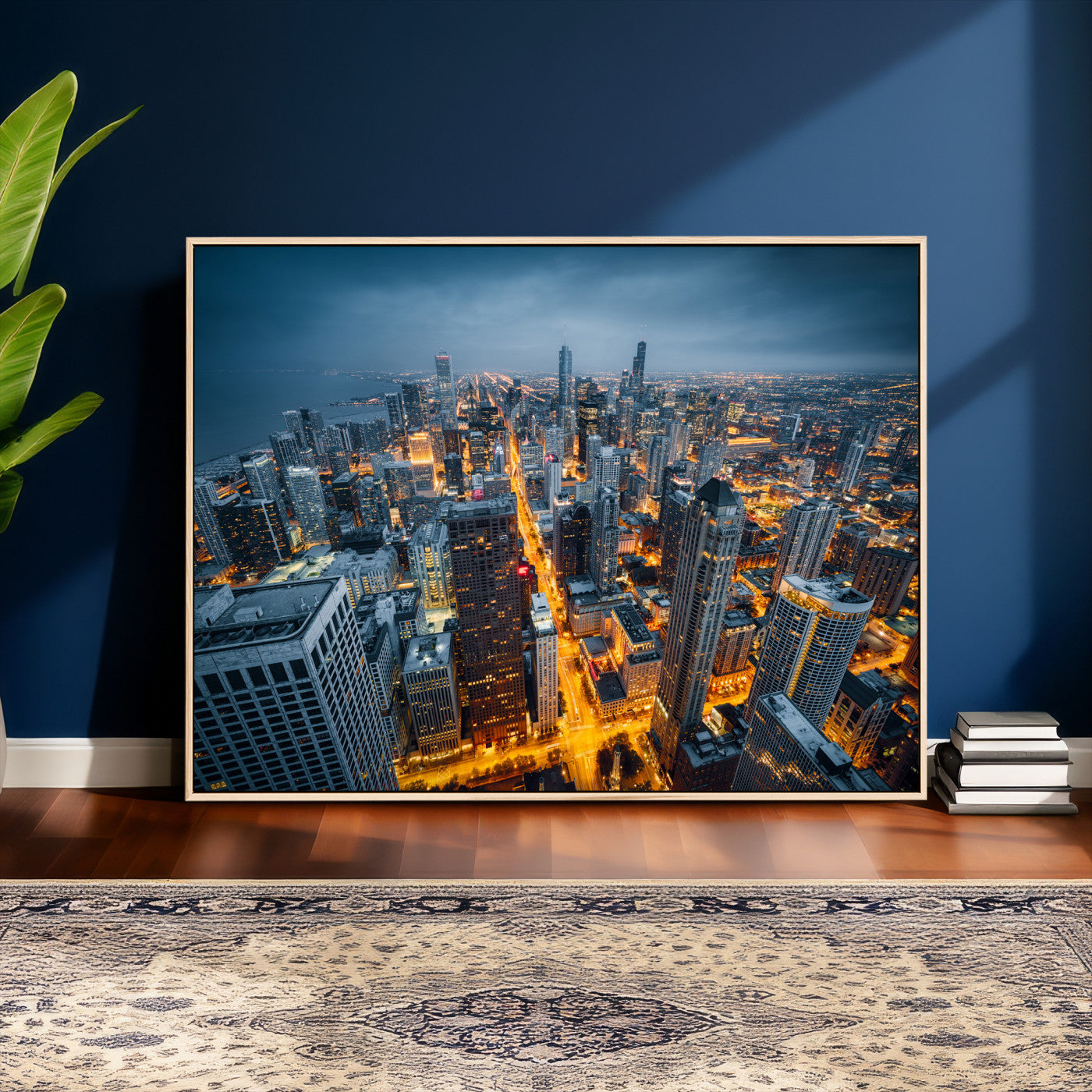 81742538-MGV-CV-36X24 - Chicago Wall Art Canvas Print, Chicago City Downtown Night Cityscape Print for Modern Urban Wall Decor