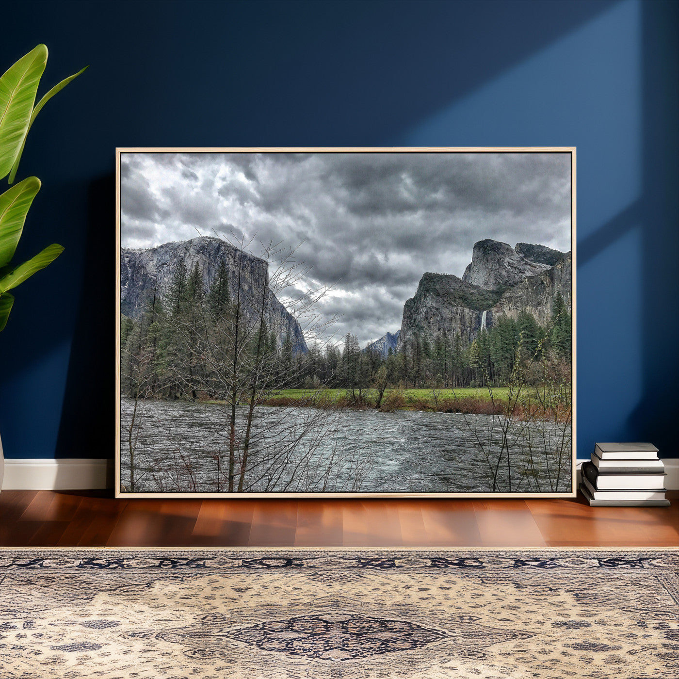 75582552-MGV-CV-36X24 - Yosemite Valley River Landscape Wall Art Canvas Print, Granite Cliffs Forest River Canvas Print, California National Park Moody Scenic Art Printi