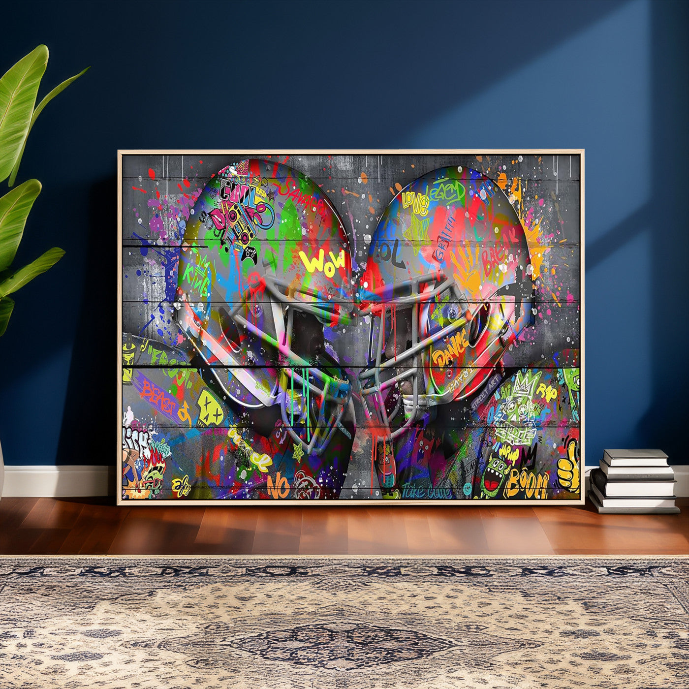 15309853-MGV-CV-36X24 - Graffiti Football Helmets Wall Art Canvas Print, Urban Street Art Sports Decor, Colorful American Football Graffiti Artwork