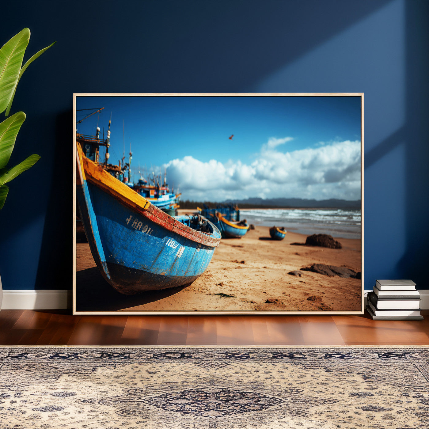 70925201-MGV-CV-36X24 - Fishing Boats Wall Art Canvas Print, Coastal Boat Beach Scene, Nautical Seaside Artwork, Ocean Shore Decor, Coastal Home Wall Art