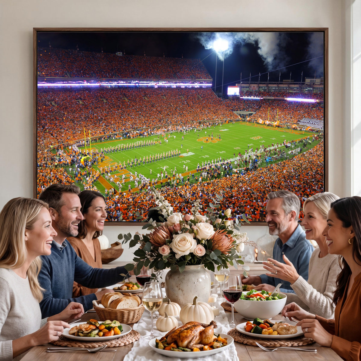 43662631-MGV-CV-36X24 - Clemson Football Stadium Wall Art Canvas Print, College Football Crowd Night Game Scene, Orange Stadium Panorama Wall Decor