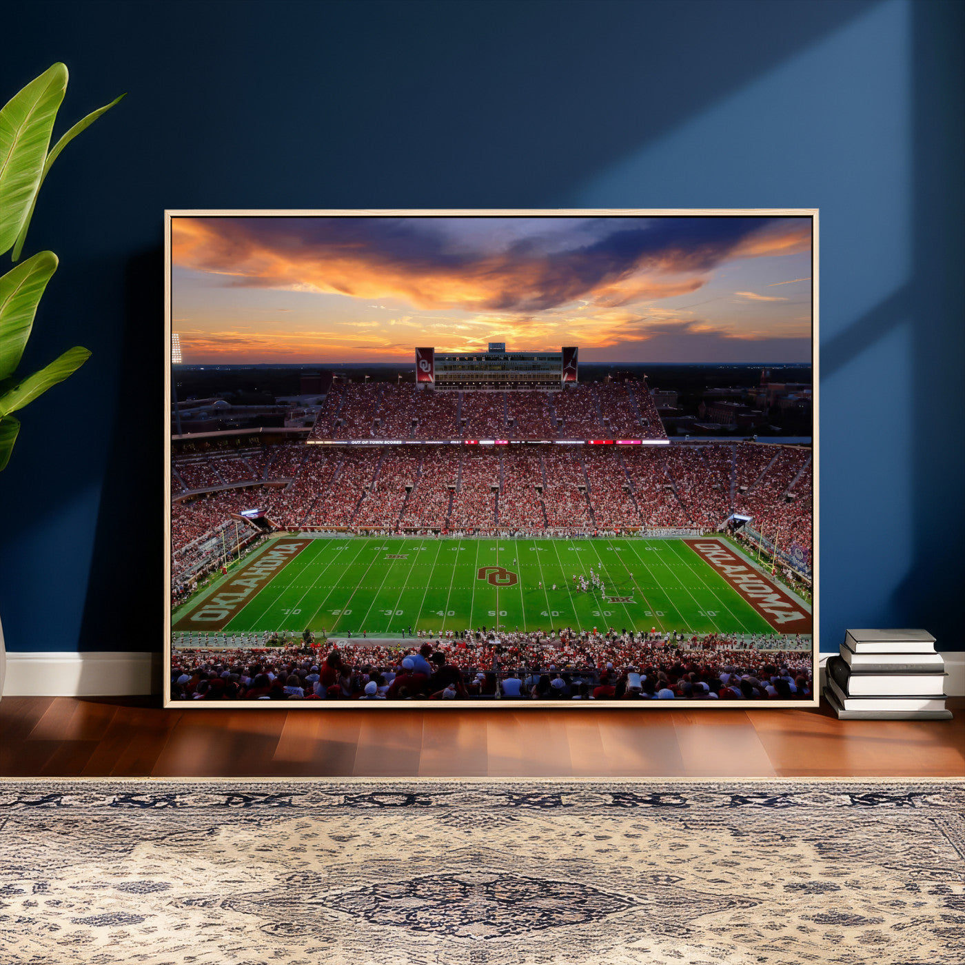 51457497-MGV-CV-36X24 - Oklahoma Sooners Stadium Wall Art Canvas Print, College Football Sunset Game Scene, OU Football Field Panorama Wall Decor