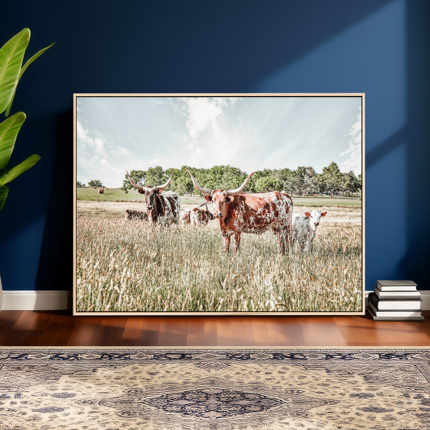 33963645-MGV-CV-36X24 - Texas Longhorn Cattle Wall Art Canvas Print, Western Ranch Landscape Nature Wall Decor for Living Room and Office