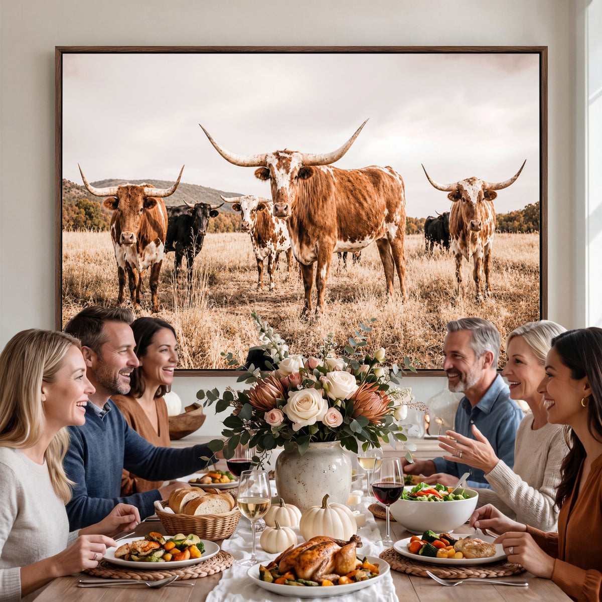 27539727-MGV-CV-36X24 - Texas Longhorn Cattle Wall Art Canvas Print, Sepia Western Decor