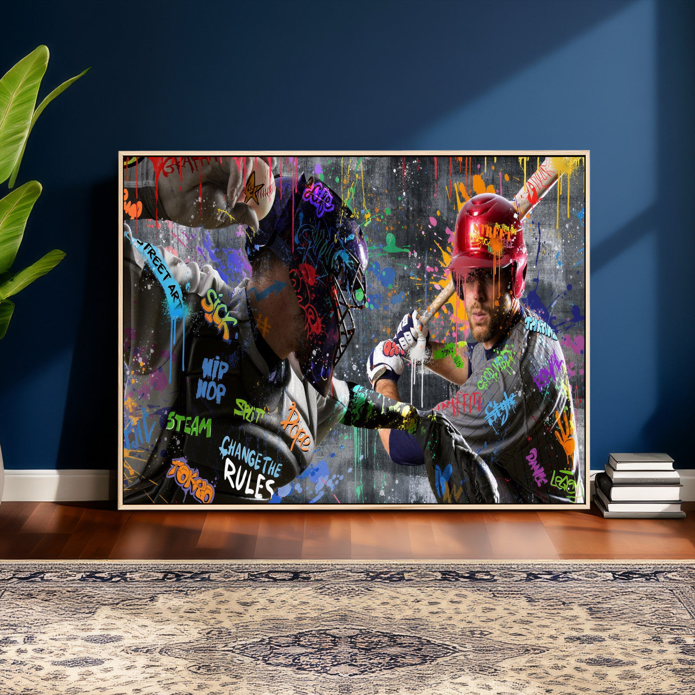 19634994-MGV-CV-36X24 - Graffiti Baseball Player Street Art Wall Art Canvas Print, Urban Sports Pop Art Baseball Canvas Print, Modern Athletic Graffiti Contemporary Art Printing