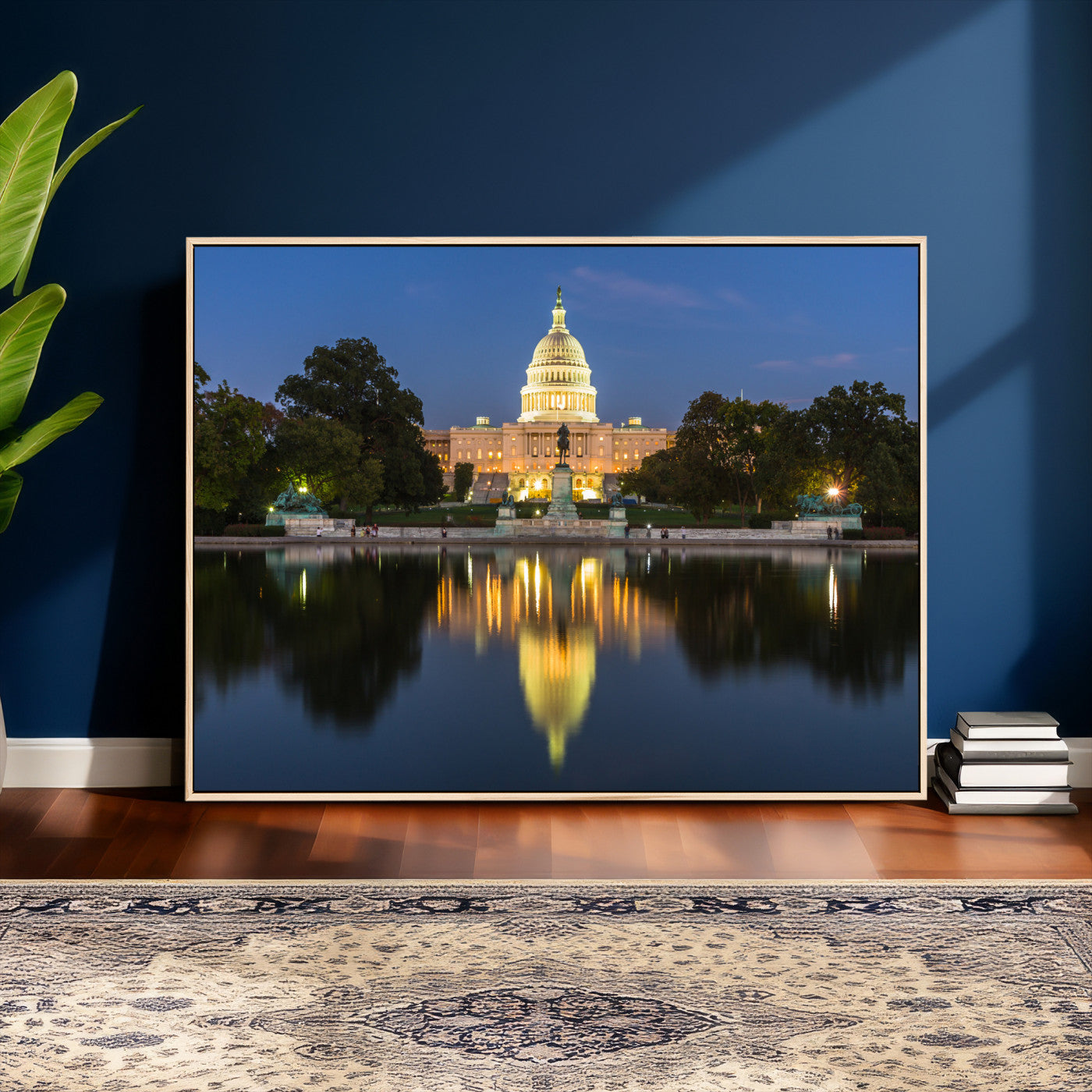 95568590-MGV-CV-36X24 - US Capitol Building Wall Art Canvas Print – Washington DC Landmark Night Reflection Artwork for Office Decor