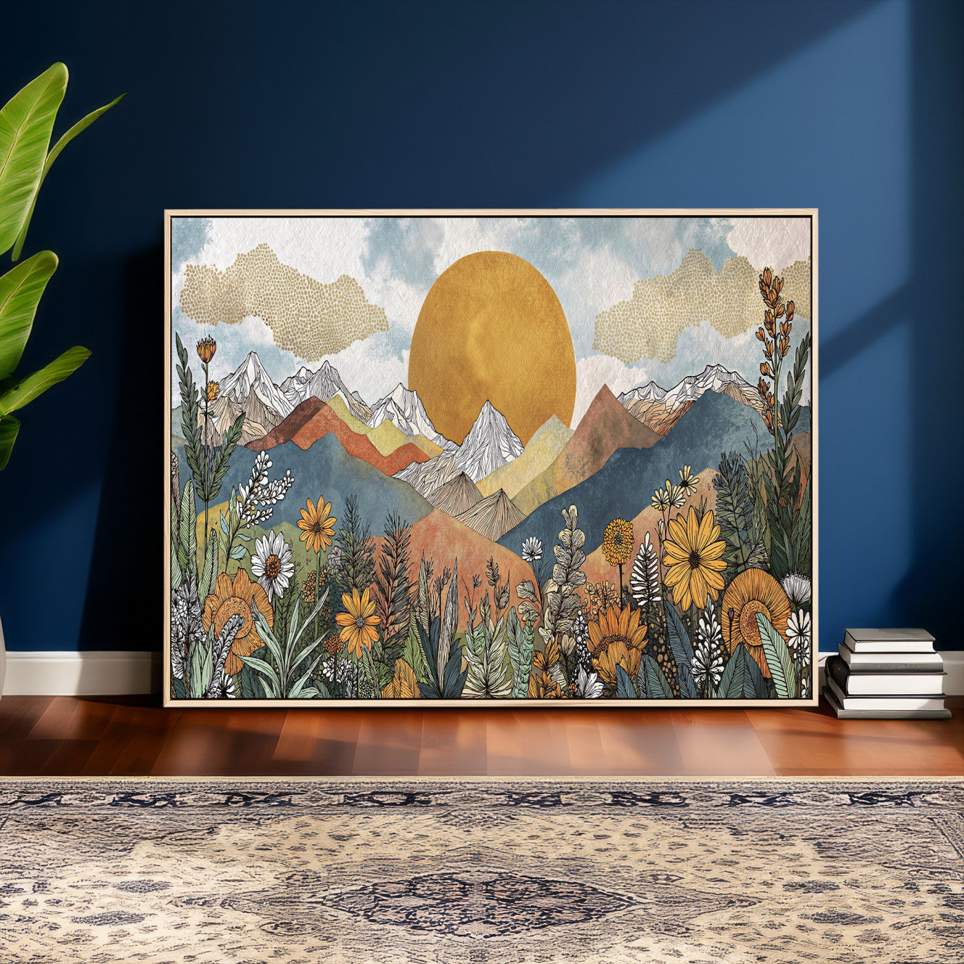 17540863-MGV-CV-36X24 - Boho Mountain Landscape Large Wall Art, Horizontal Gold Framed Canvas Print with Sun and Flowers