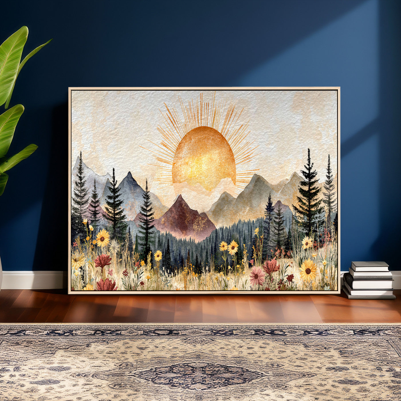 69025244-MGV-CV-36X24 - Boho Mountain Landscape Large Wall Art, Horizontal Gold Framed Canvas Print with Sun and Flowers