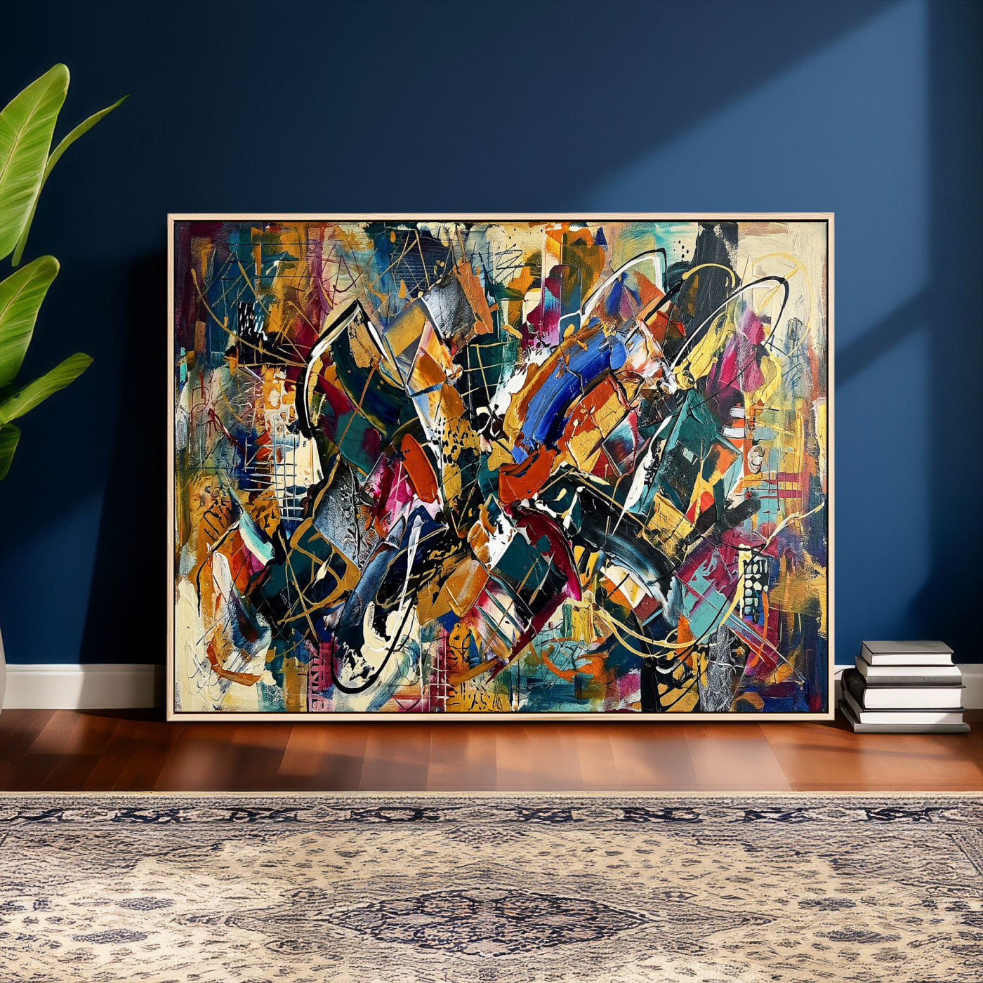 15525527-MGV-CV-36X24 - Geometric Abstract Wall Art Canvas Print, Orange Blue Abstract Expressionist Painting Print, Modern Geometric Abstract Canvas Art