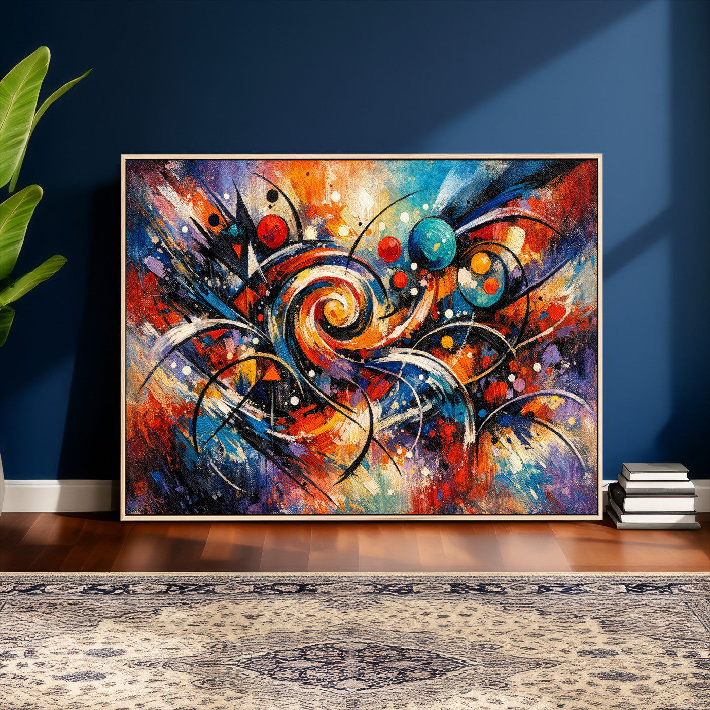 60193267-MGV-CV-36X24 - Geometric Abstract Wall Art Canvas Print, Orange Blue Abstract Expressionist Painting Print, Modern Geometric Abstract Canvas Art