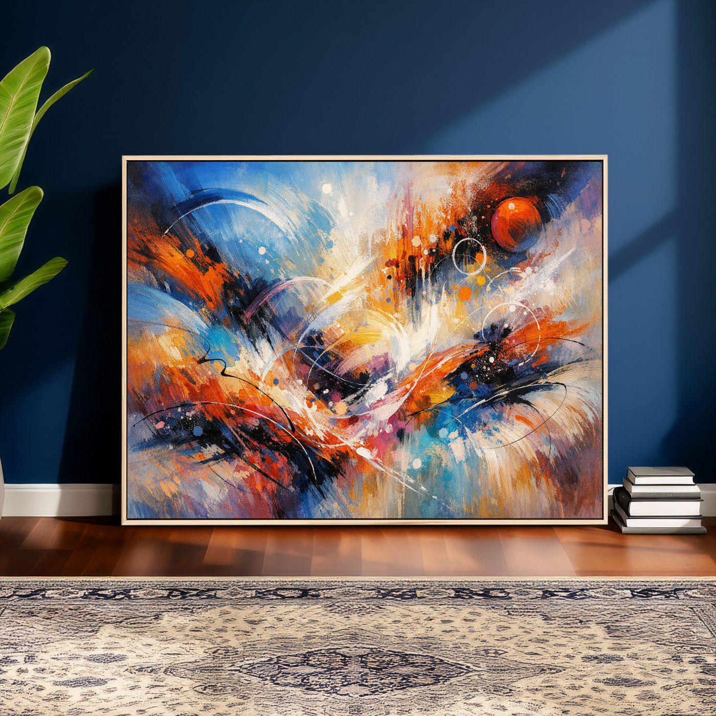 47770355-MGV-CV-36X24 - Geometric Abstract Wall Art Canvas Print, Orange Blue Abstract Expressionist Painting Print, Modern Geometric Abstract Canvas Art