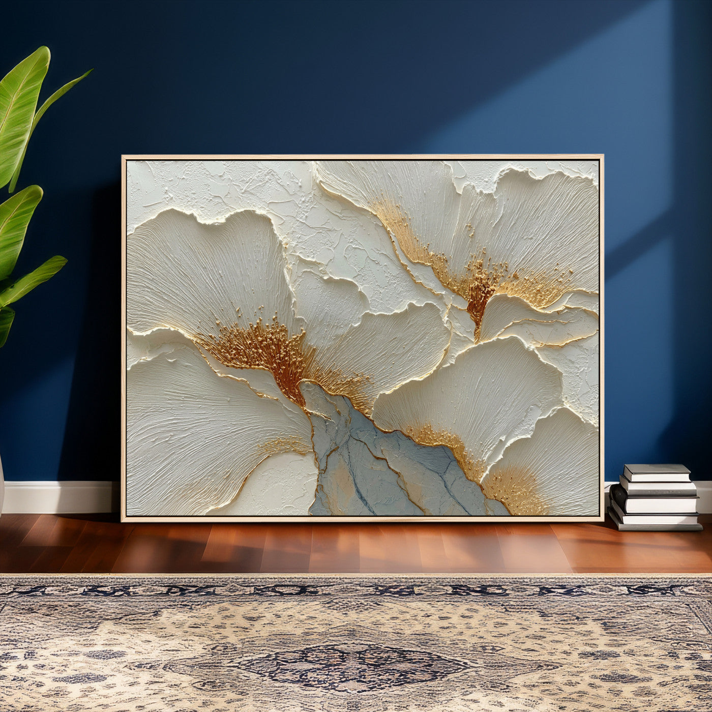 4712069F1-MGV-CV-36X24 - White Gold Floral Canvas Wall Art — Textured Flower Print | Luxury Botanical Decor | Elegant Bedroom Art | Gold Leaf Wall Art Gift