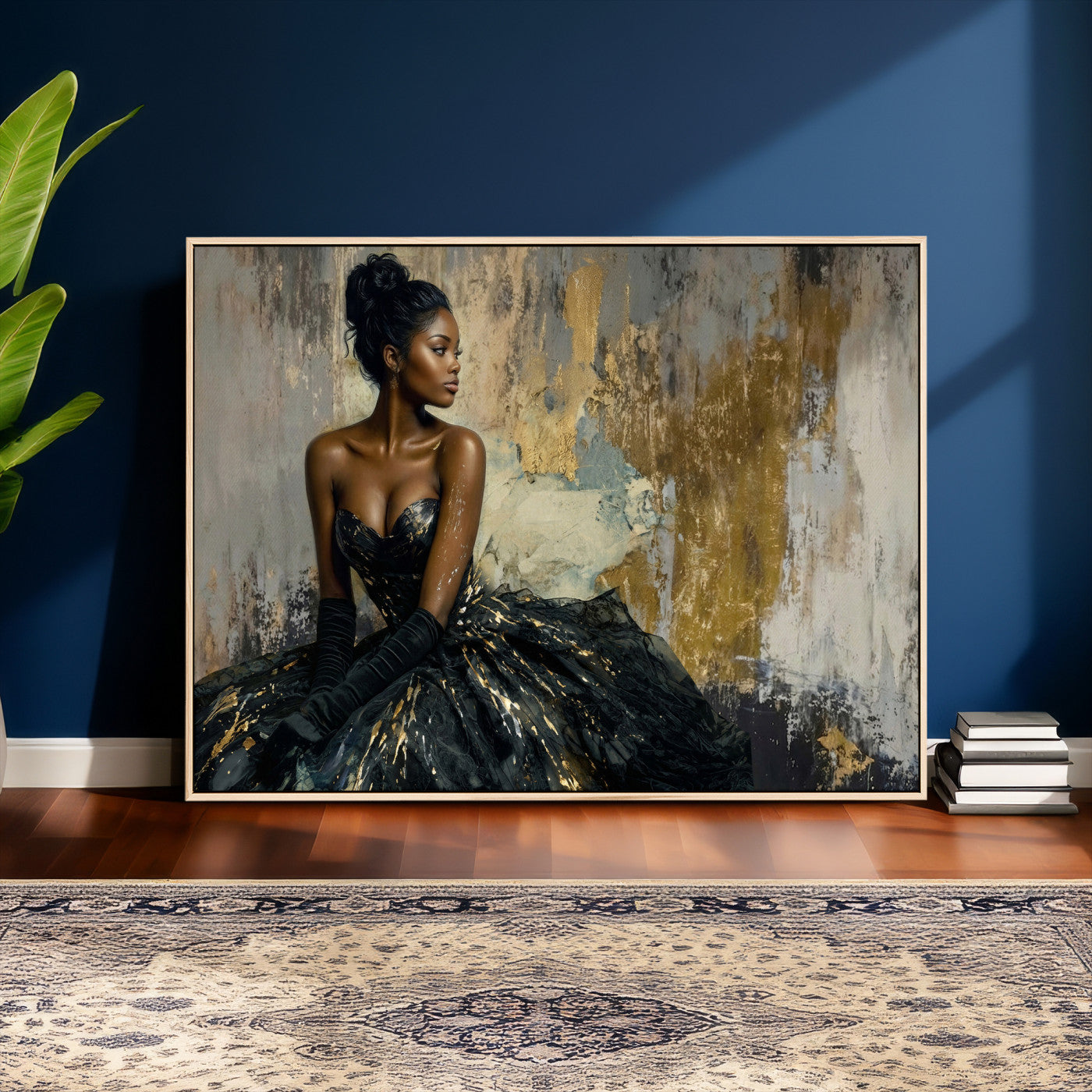 4712069Z1-MGV-CV-36X24 - Elegant Woman Canvas Wall Art — Black Gold Gown Fashion Print | Luxury Glam Wall Decor | African American Art | Bold Bedroom Wall Art Gift