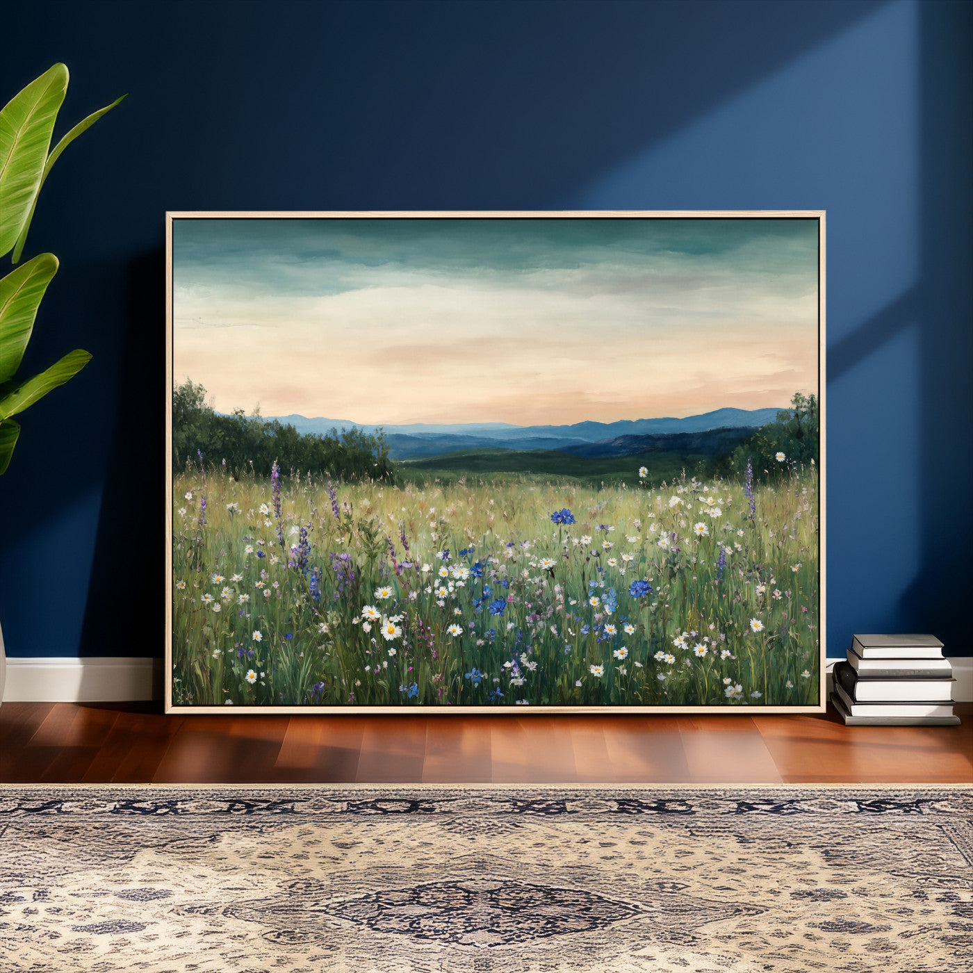 35773805-MGV-CV-36X24 - Wildflower Meadow Oil Painting Canvas Print - Daisy Lavender Mountain Sunset Print | Cottagecore Floral Wall Art - Bedroom Decor Gift for Her
