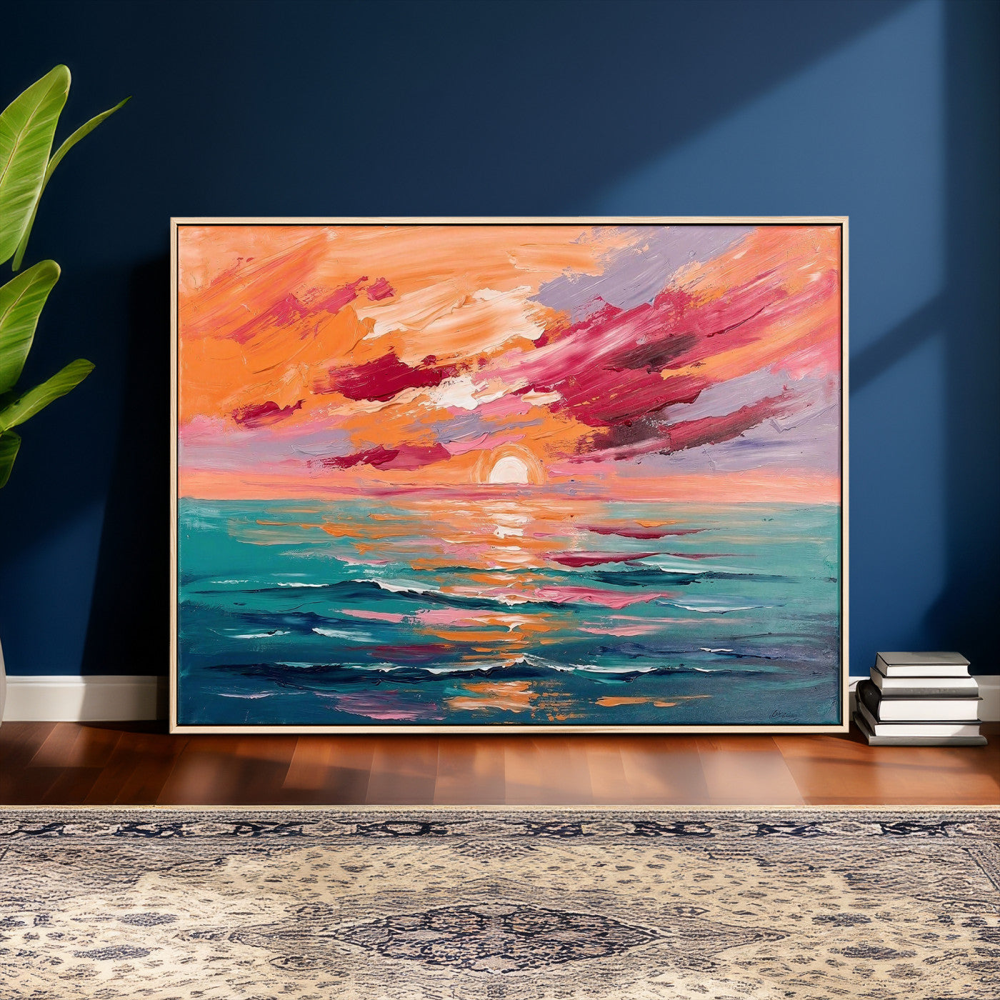 26763902-MGV-CV-36X24 - Bold Palette Knife Ocean Sunset Canvas — Orange Pink Teal Expressionist Sea Print | Colorful Coastal Wall Art | Vibrant Beach Decor Gift