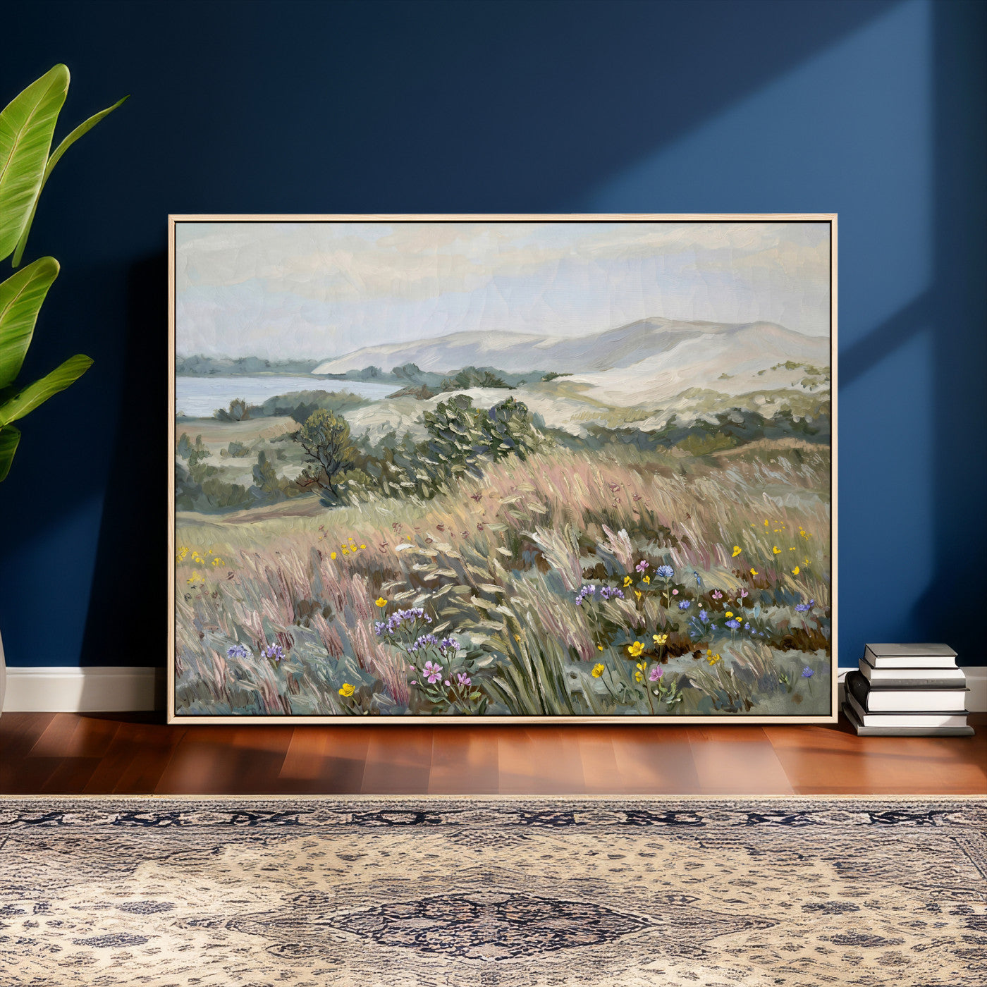 18013232-MGV-CV-36X24 - Katie Staples Hillside Canvas Wall Art — Coastal Wildflower Dune Oil Painting Print | Muted Green Nature Decor | Plein Air Landscape Gift