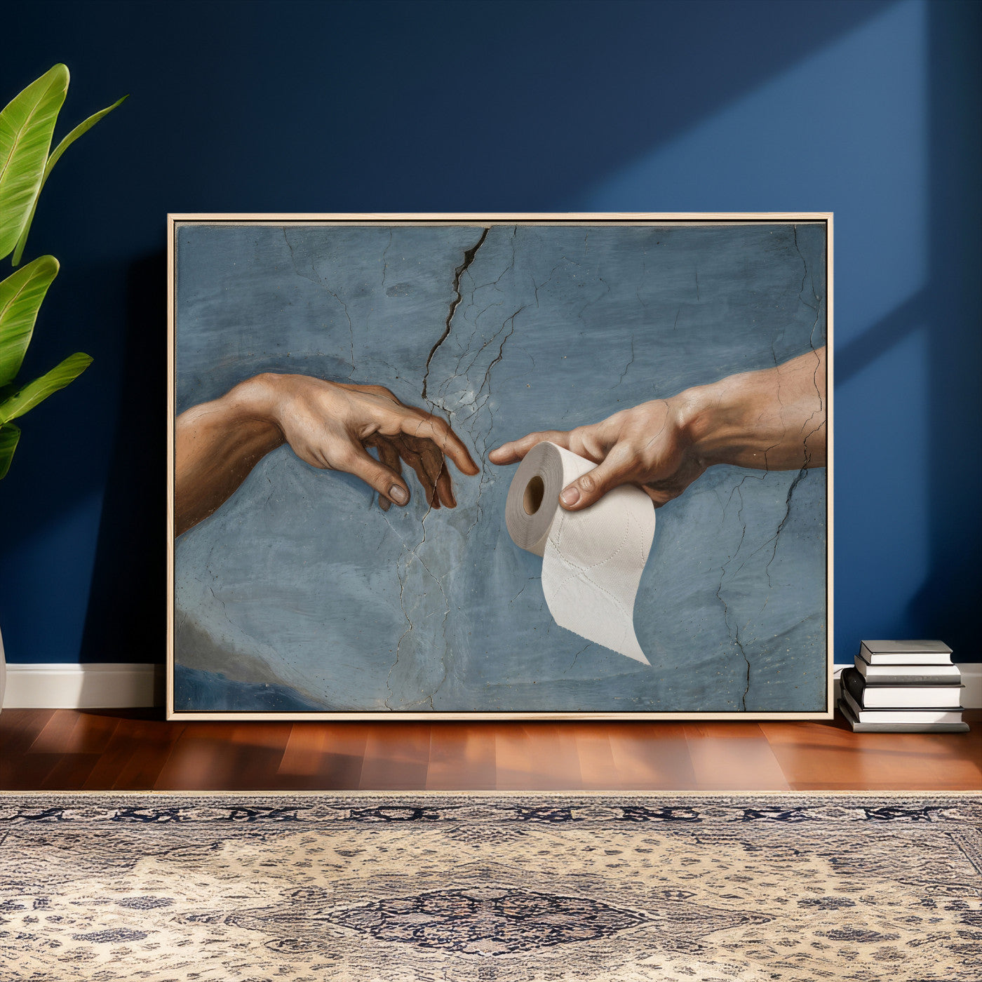 42648143-MGV-CV-36X24 - Funny Bathroom Canvas Wall Art, Michelangelo Creation of Adam Toilet Paper Parody, Renaissance Humor Print, Quirky Housewarming Gift, Toilet Room Decor