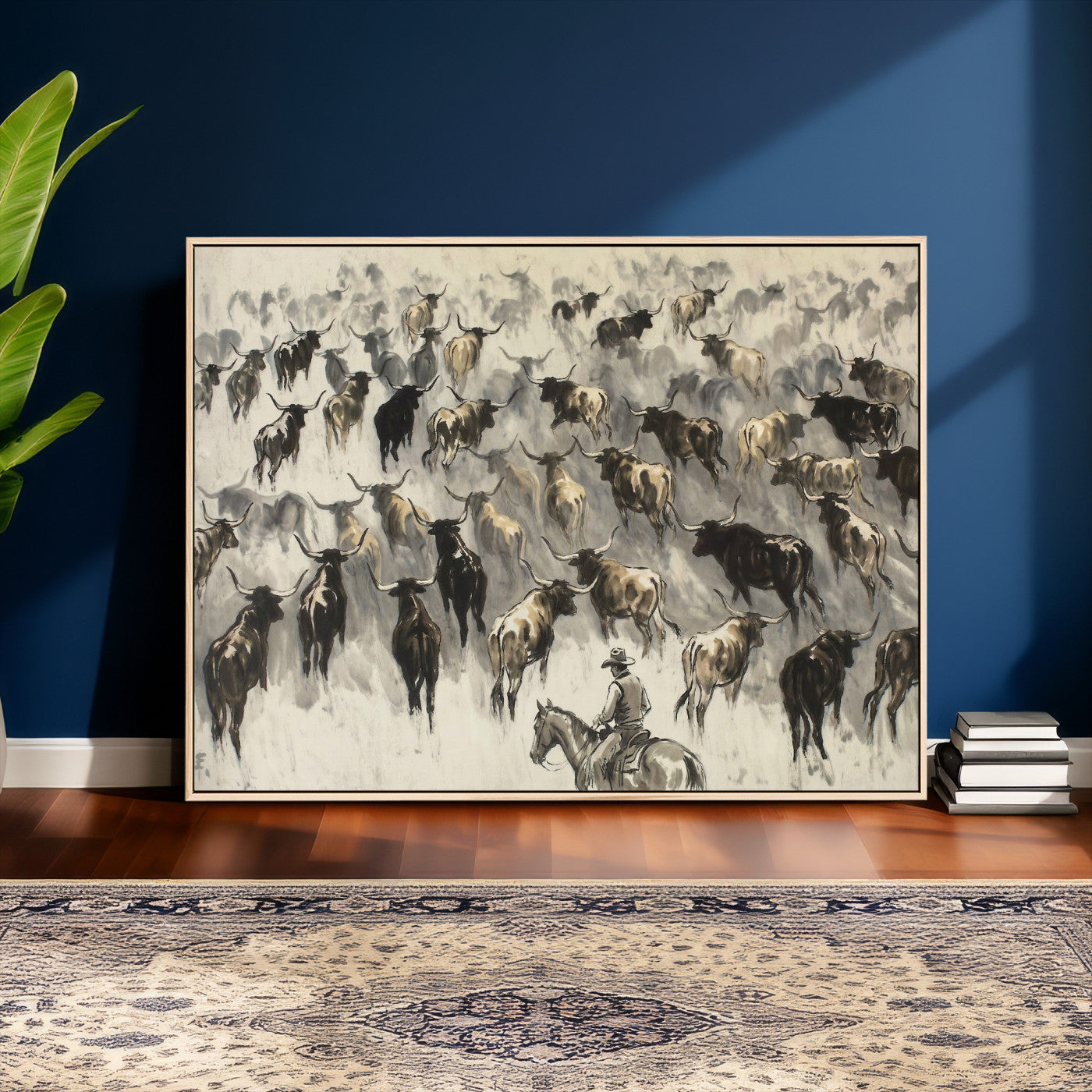 48049876-MGV-CV-36X24 - Cowboy Cattle Drive Canvas Wall Art, Western Longhorn Herd Ink Painting Print, Ranch Rodeo Decor, Black White Western Art, Large Living Room Art