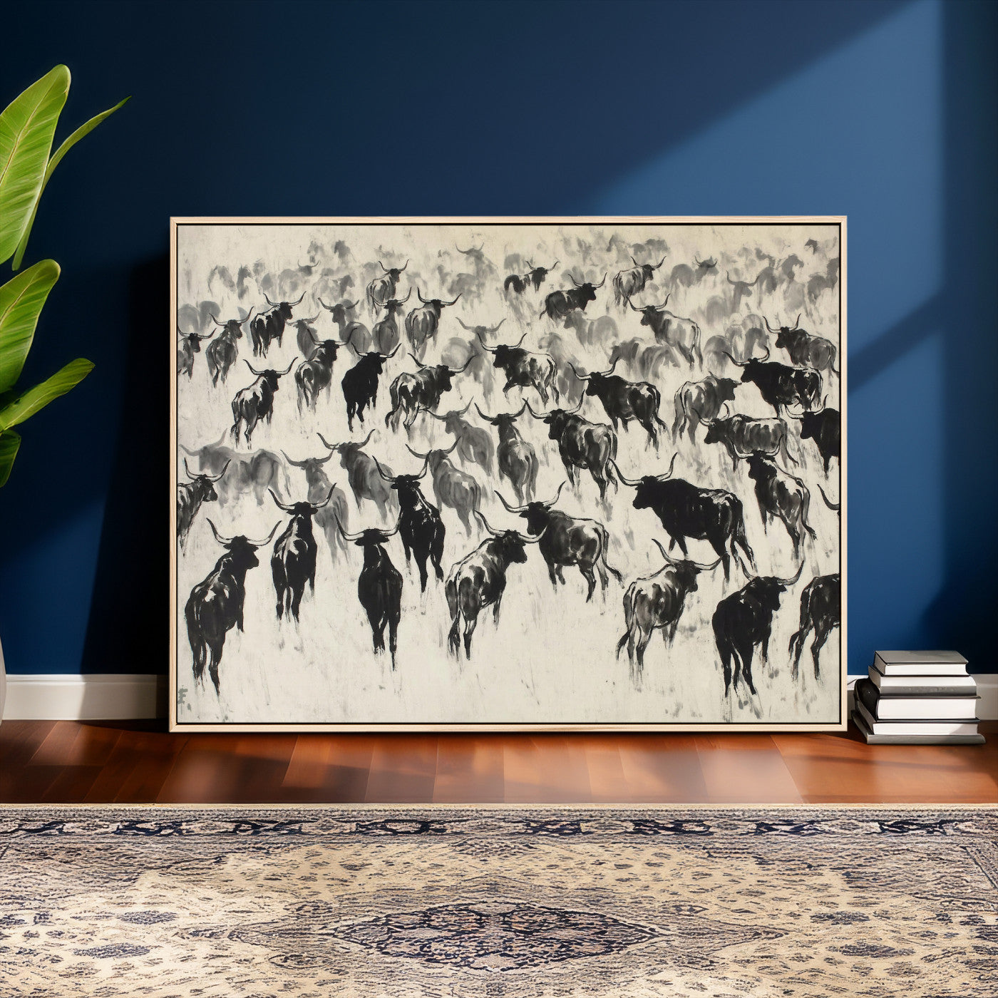 68669792-MGV-CV-36X24 - Longhorn Cattle Canvas Wall Art, Black White Stampede Ink Painting Print, Western Farmhouse Decor, Bull Herd Art, Large Living Room Wall Art, Ranch Home Decor