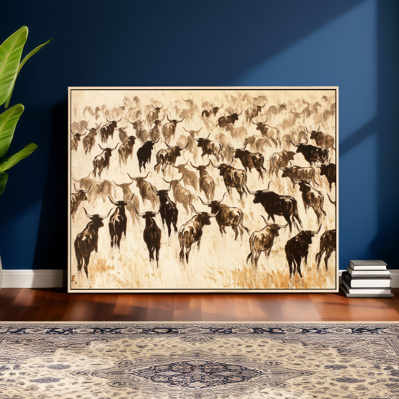 39077774-MGV-CV-36X24 - Texas Longhorn Sepia Canvas Wall Art, Western Cattle Stampede Painting Print, Warm Amber Ranch Decor, Rustic Cowboy Home Art, Large Living Room Decor
