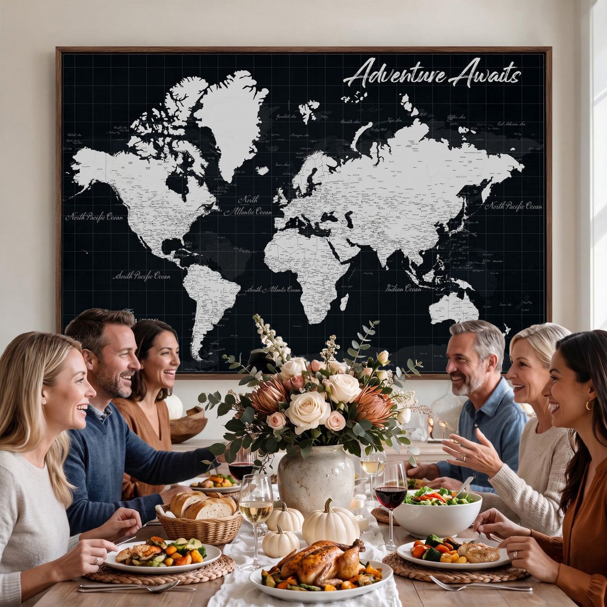 19855445B-MGV-CV-36X24 - Personalized Black Push Pin Travel Map Canvas Print, Couples Countries Visited Map, Entryway and Hallway Decor