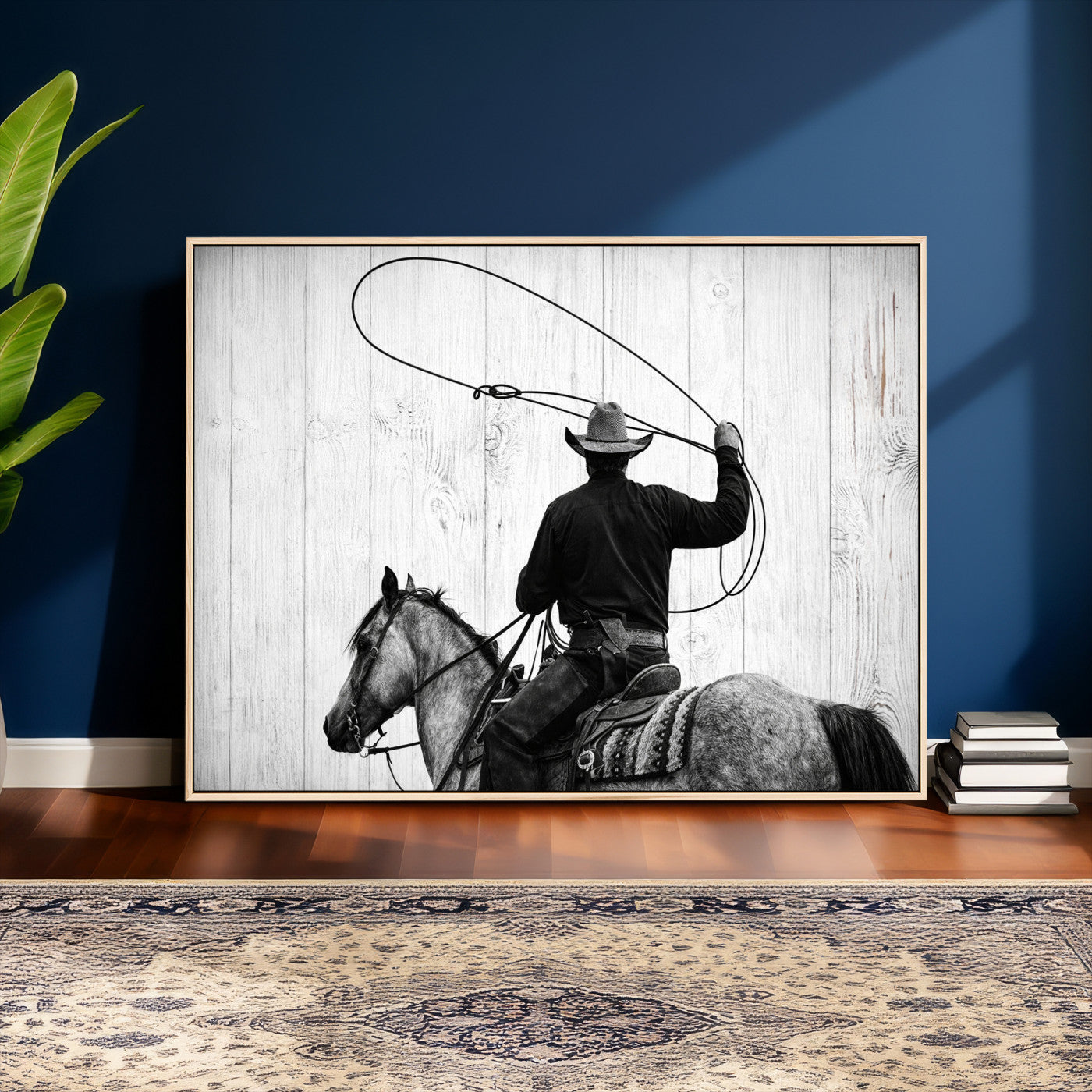 22569358-MGV-CV-36X24 - Cowboy Lasso Canvas Wall Art, Black White Western Horse Photo Print, Rustic Ranch Rodeo Decor, Farmhouse Western Art, Cowboy Gift for Him