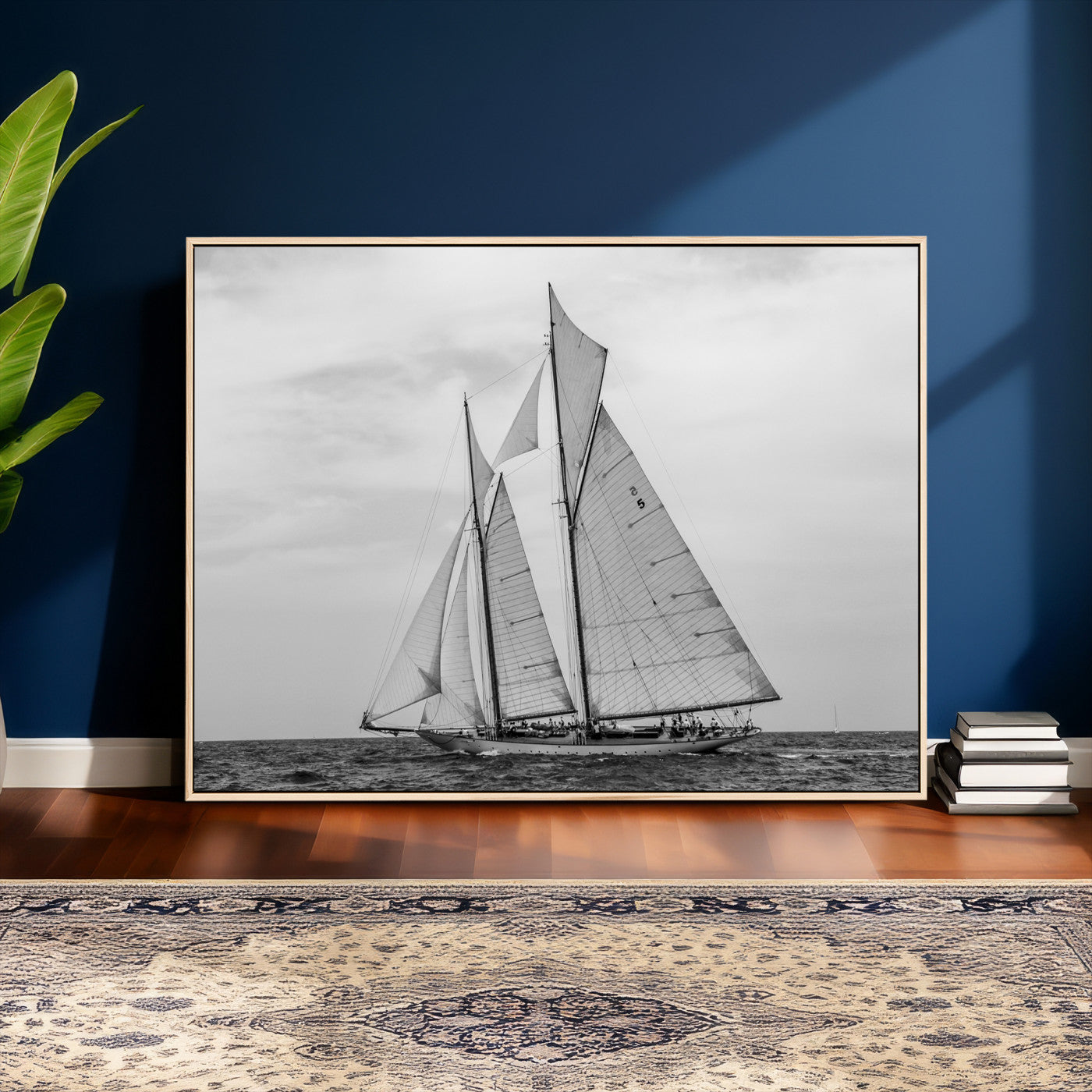 52882918-MGV-CV-36X24 - Vintage Sailboat Wall Art Canvas Print, Black and White Schooner Framed Artwork, Nautical Ocean Sailing Decor for Living Room Office Beach House