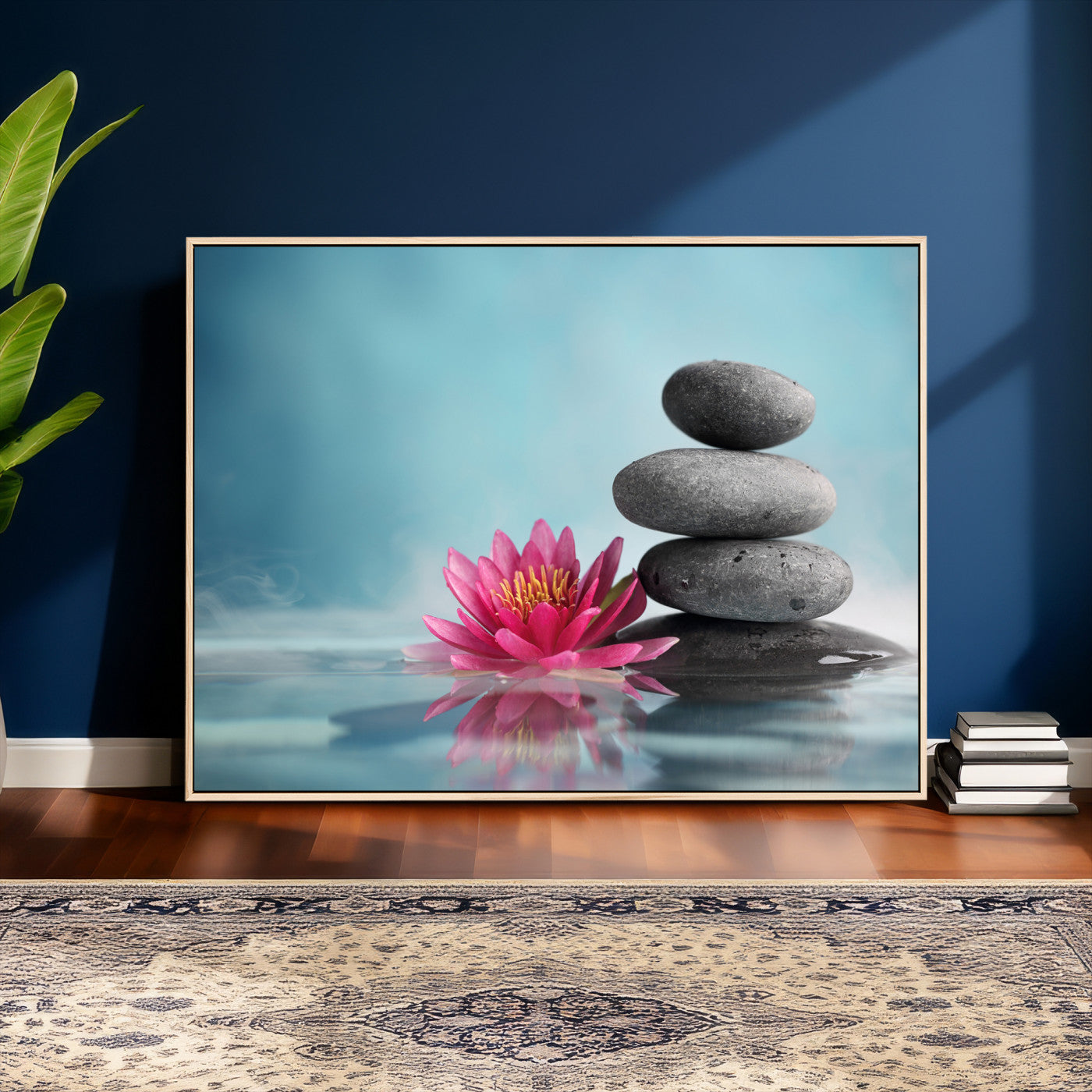 84293154-MGV-CV-36X24 - Zen Canvas Wall Art Lotus Flower Stacked Stones Teal Spa Meditation Relaxation Framed Large for Bathroom Bedroom Living Room Office Decor