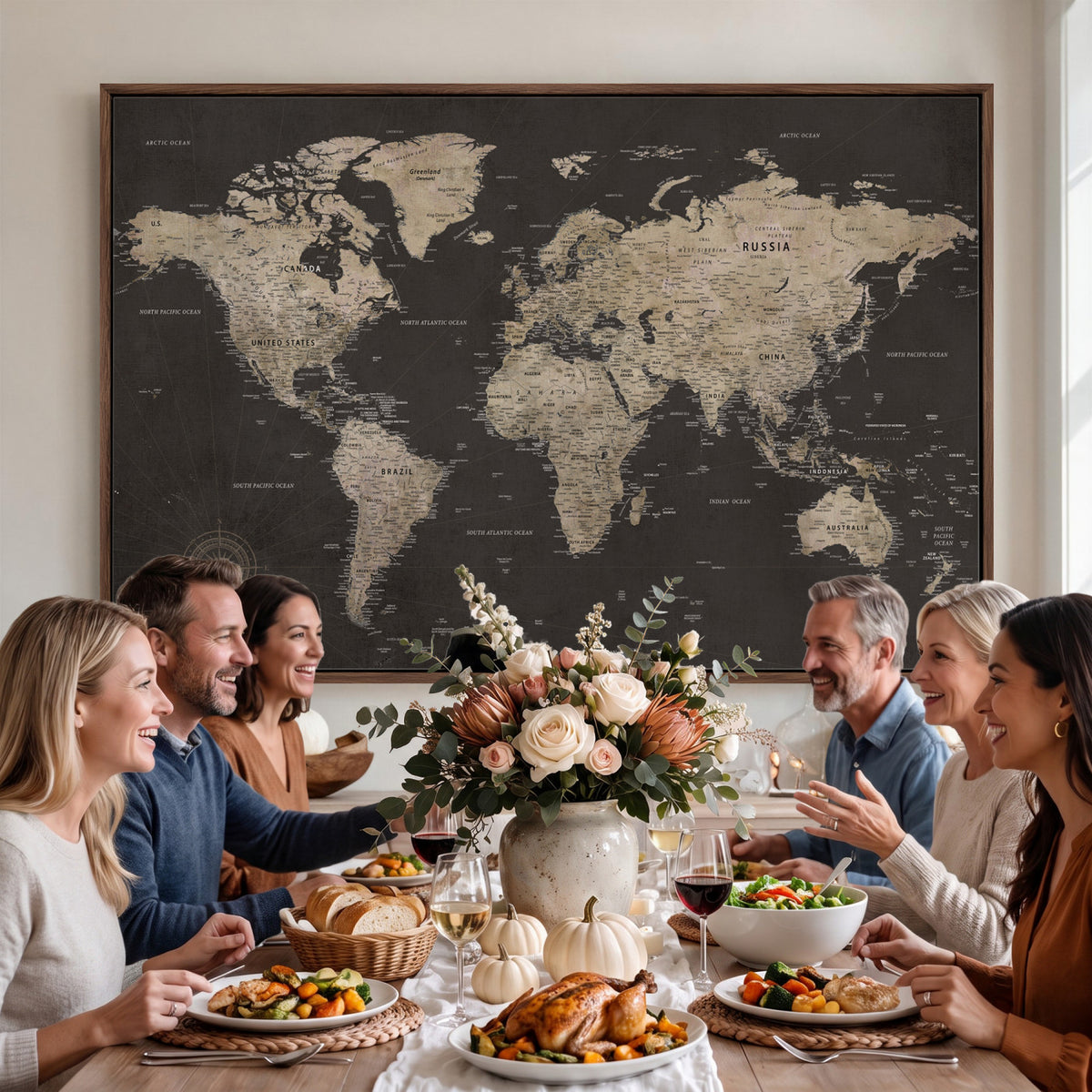 56556018136-MGV-CV-36X24 - World Map Canvas Wall Art, Dark Charcoal and Antique Tan Detailed Map