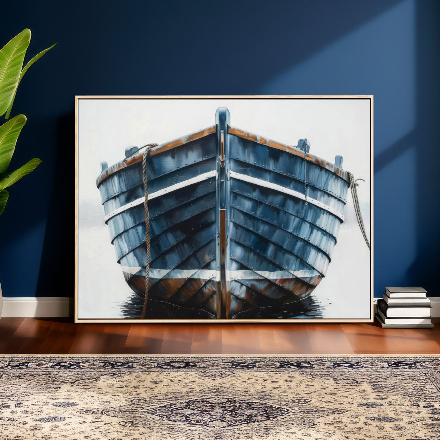 21601740-MGV-CV-36X24 - Blue Wooden Rowboat Canvas Wall Art, Coastal Nautical Boat Painting Print for Lake Beach House Decor, Minimalist Maritime Decor Artwork
