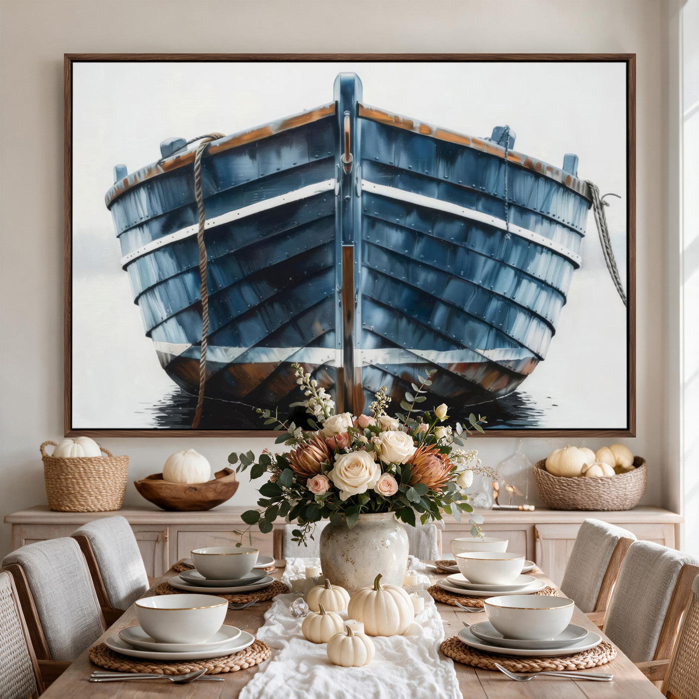 21601740-MGV-CV-36X24 - Blue Wooden Rowboat Canvas Wall Art, Coastal Nautical Boat Painting Print for Lake Beach House Decor, Minimalist Maritime Decor Artwork