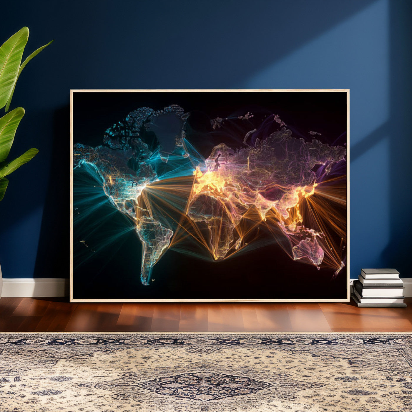 14891737-MGV-CV-36X24 - World Map and Global Flight Routes Map Canvas Wall Art, Worldwide Aviation Network Print, International Air Travel Wall Decor
