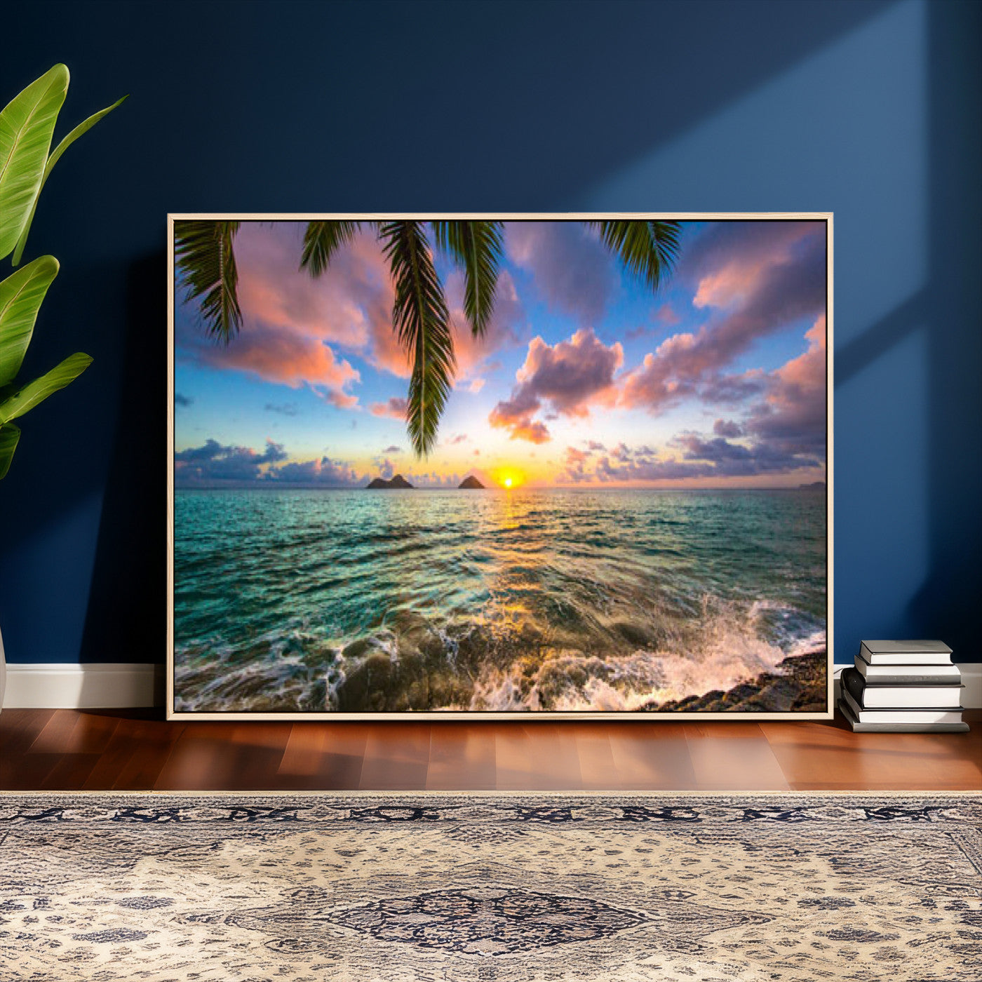 13207742-MGV-CV-36X24 - Hawaii Beach Sunset Canvas Wall Art Print, Tropical Ocean Landscape Artwork, Palm Tree Coastal Decor for Living Room Bedroom