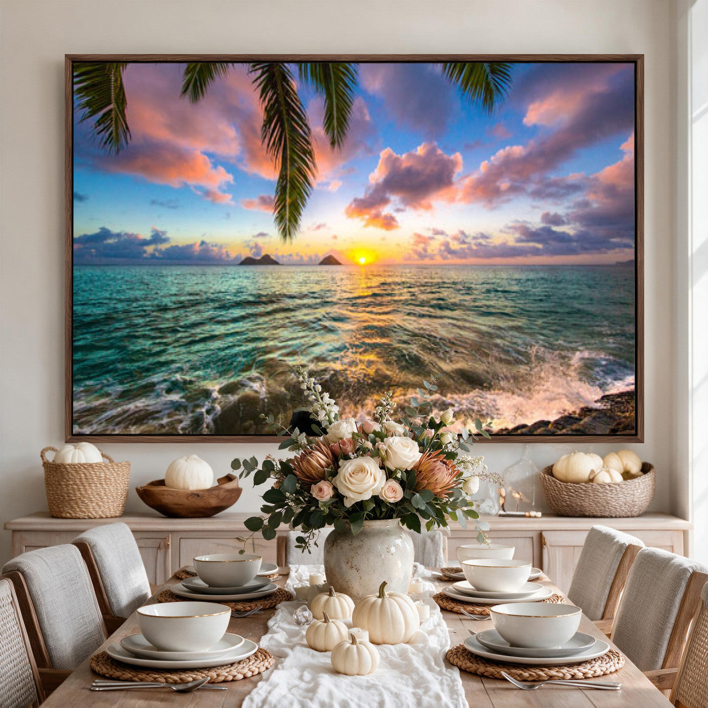 13207742-MGV-CV-36X24 - Hawaii Beach Sunset Canvas Wall Art Print, Tropical Ocean Landscape Artwork, Palm Tree Coastal Decor for Living Room Bedroom