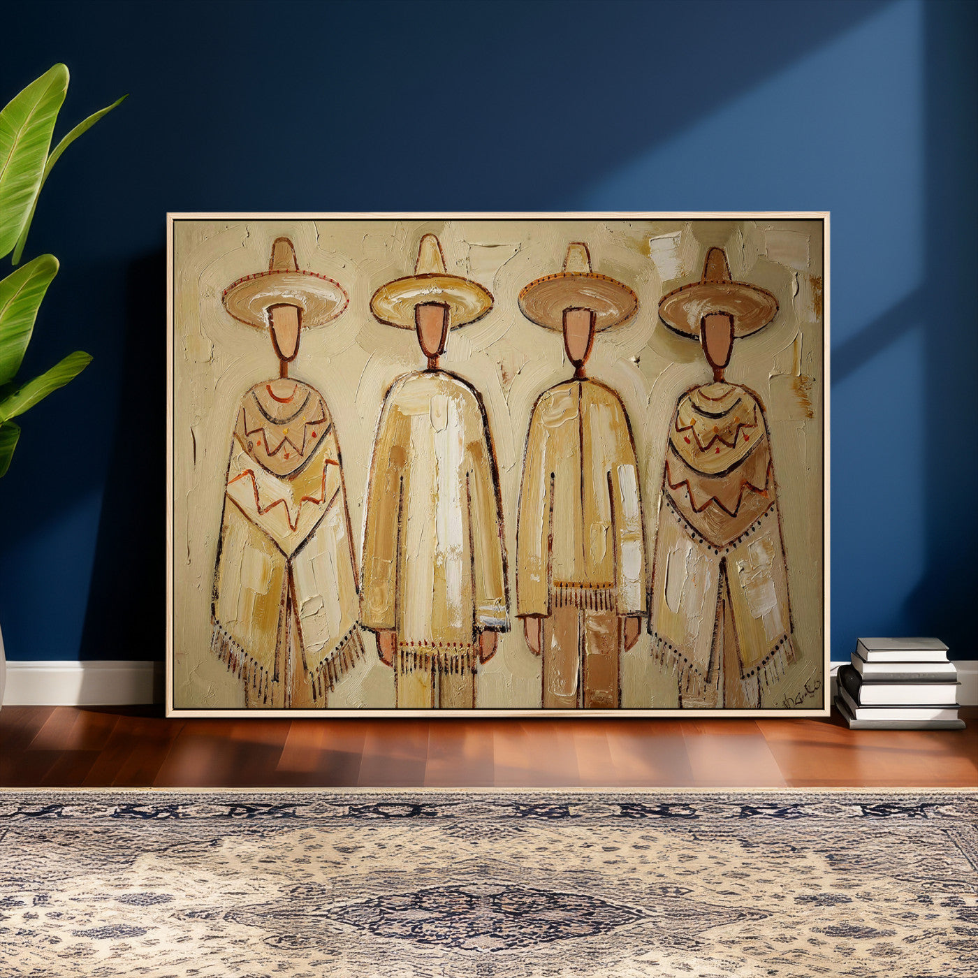 46071653-MGV-CV-36X24 - Mexican Folk Art Canvas Wall Art, Charro Poncho Sombrero Painting Print, Neutral Beige Boho Decor, Southwestern Impasto Style, Living Room Art