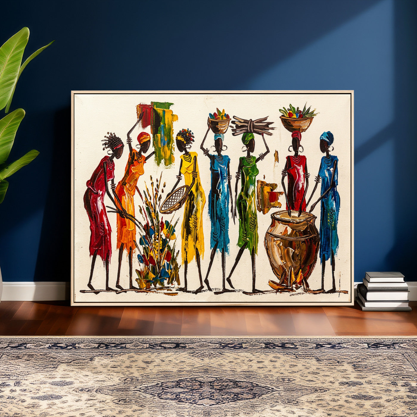83463154-MGV-CV-36X24 - African Folk Art Canvas Wall Art, Colorful African Women Village Painting Print, Tribal Ethnic Home Decor, Vibrant African Art, Living Room