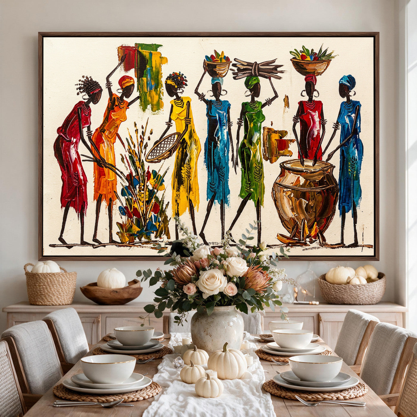 83463154-MGV-CV-36X24 - African Folk Art Canvas Wall Art, Colorful African Women Village Painting Print, Tribal Ethnic Home Decor, Vibrant African Art, Living Room