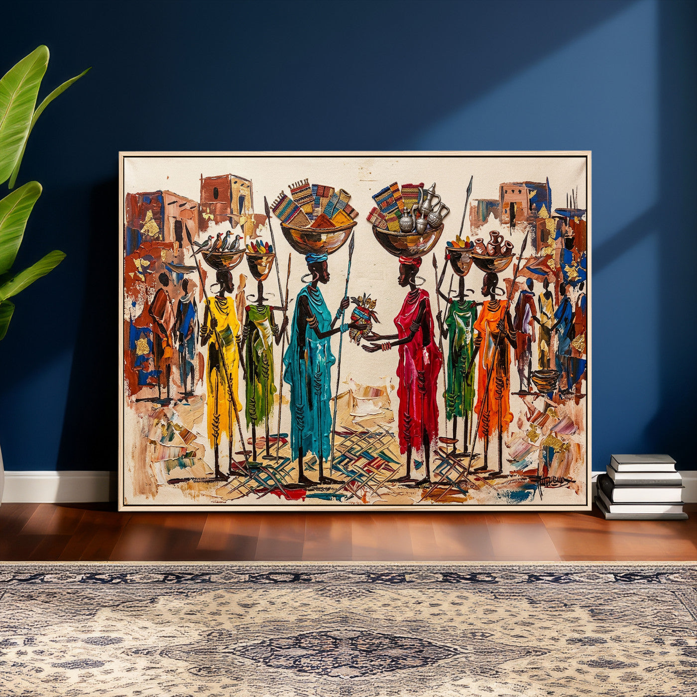 54818657-MGV-CV-36X24 - African Folk Art Canvas Wall Art, Colorful African Women Village Painting Print, Tribal Ethnic Home Decor, Vibrant African Art, Living Room