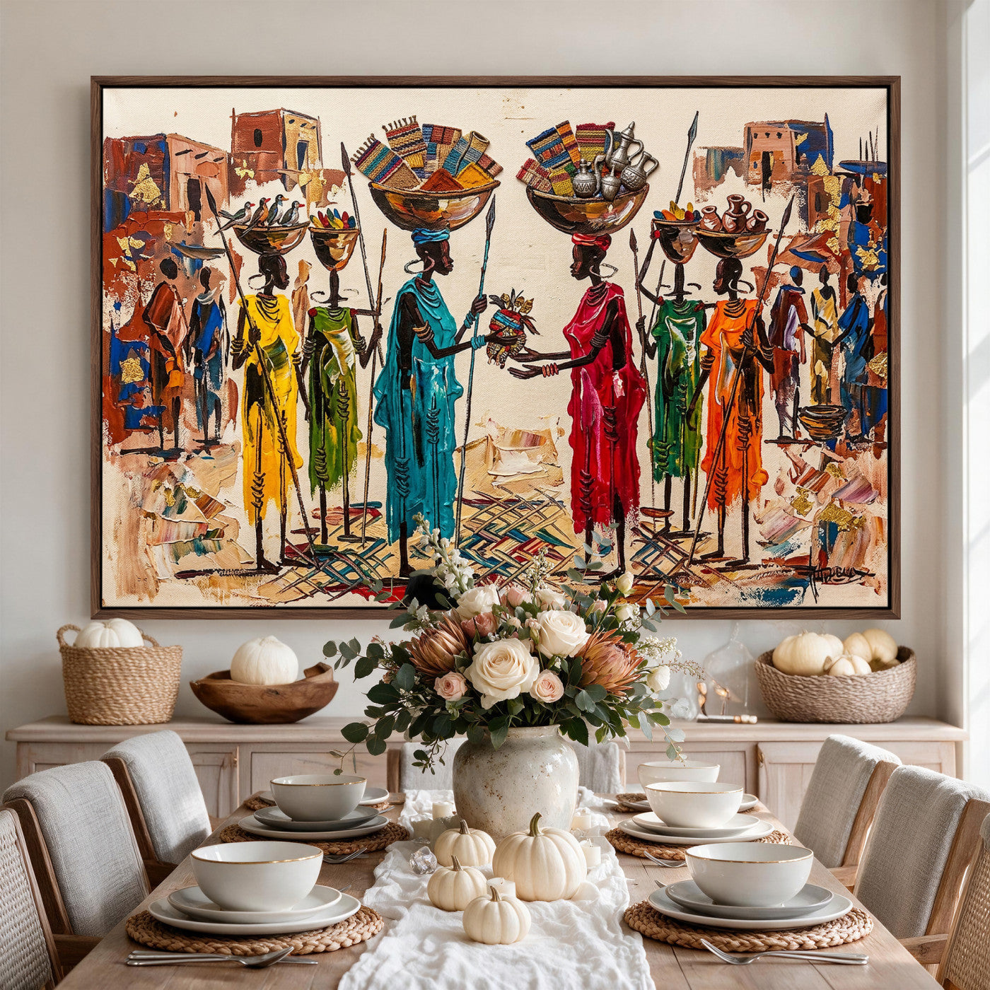 54818657-MGV-CV-36X24 - African Folk Art Canvas Wall Art, Colorful African Women Village Painting Print, Tribal Ethnic Home Decor, Vibrant African Art, Living Room