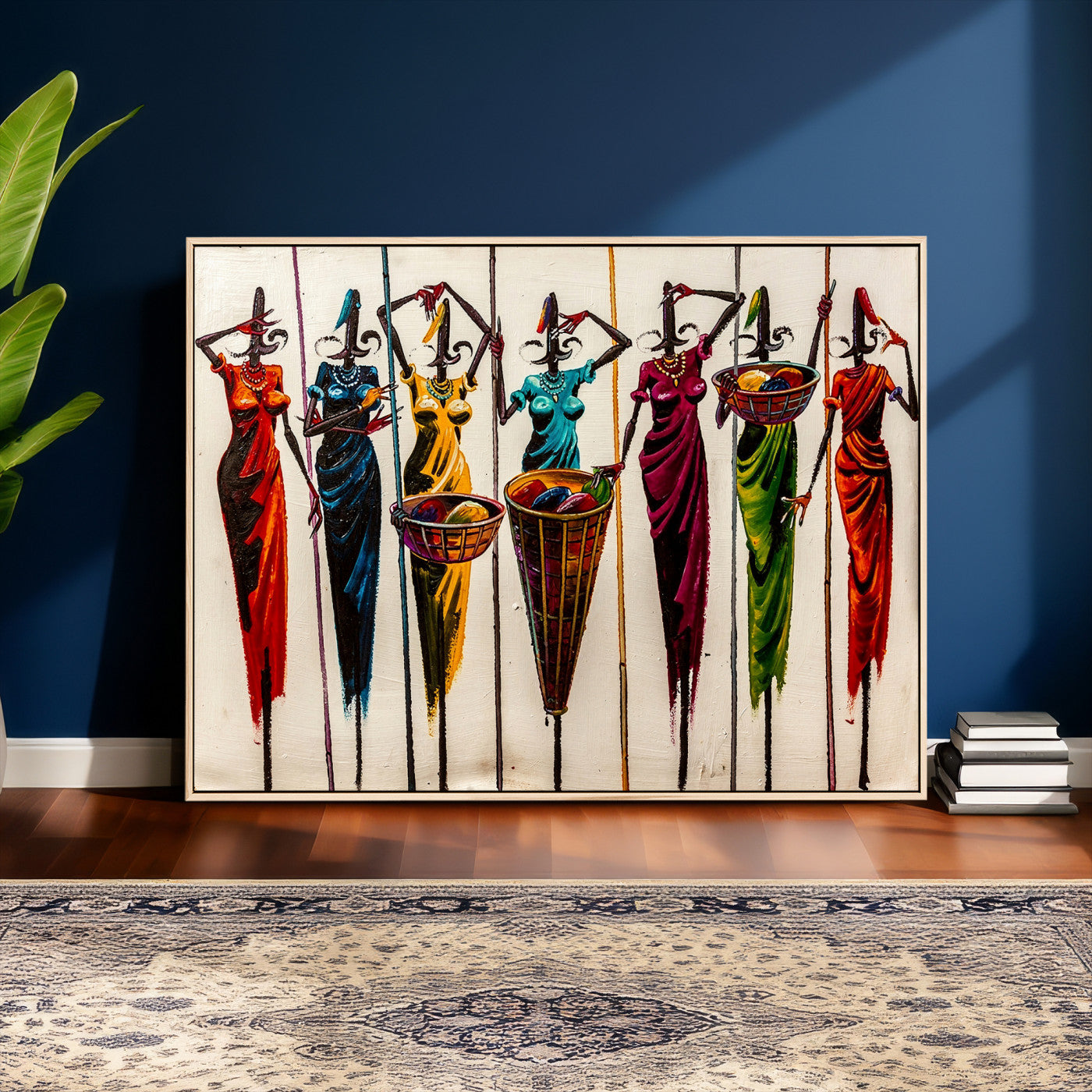53545627-MGV-CV-36X24 - African Folk Art Canvas Wall Art, Colorful African Women Village Painting Print, Tribal Ethnic Home Decor, Vibrant African Art, Living Room