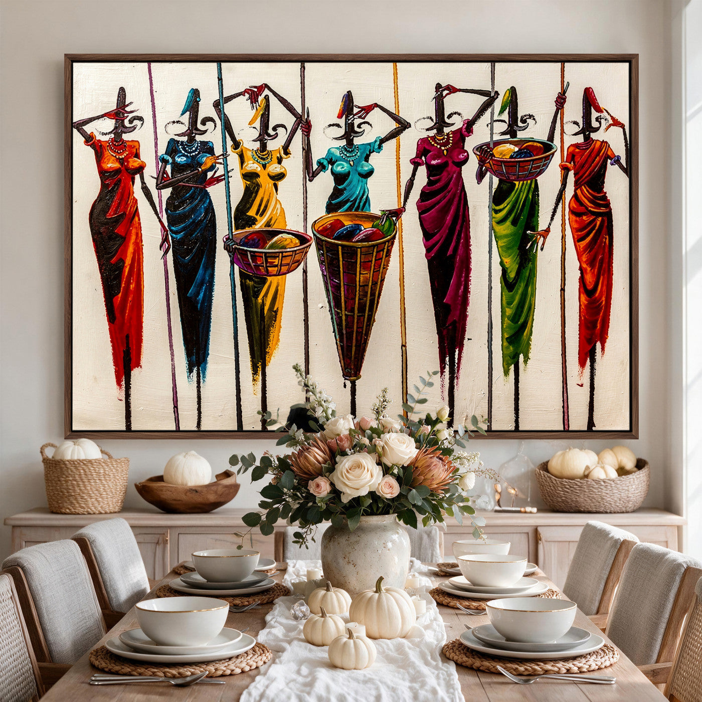 53545627-MGV-CV-36X24 - African Folk Art Canvas Wall Art, Colorful African Women Village Painting Print, Tribal Ethnic Home Decor, Vibrant African Art, Living Room