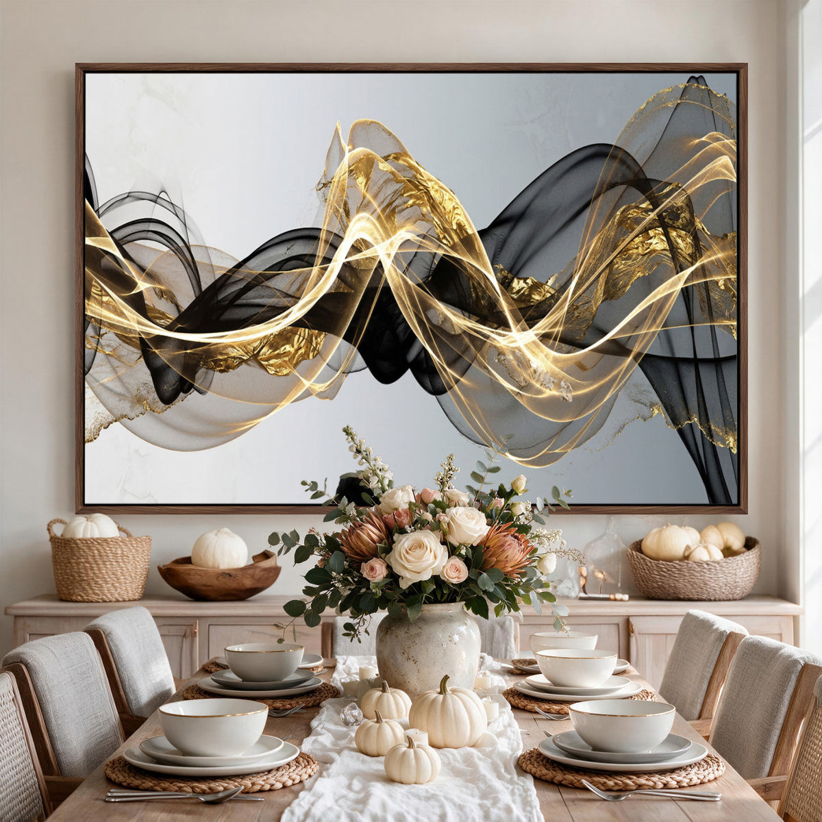 79483321DL-MGV-CV-36X24 - Black and Gold Abstract Wall Art, Modern Wave Canvas Print, Elegant Flowing Smoke Art, Luxury Living Room Decor